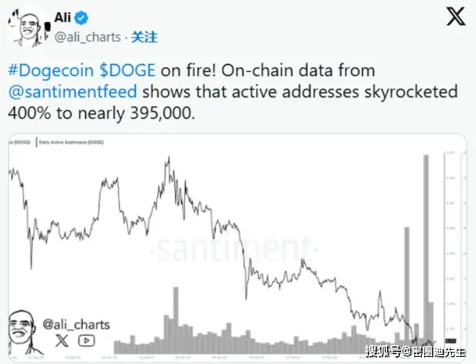 狗狗币网络活跃度激增400%，价格能否突破0.20美元关键位？